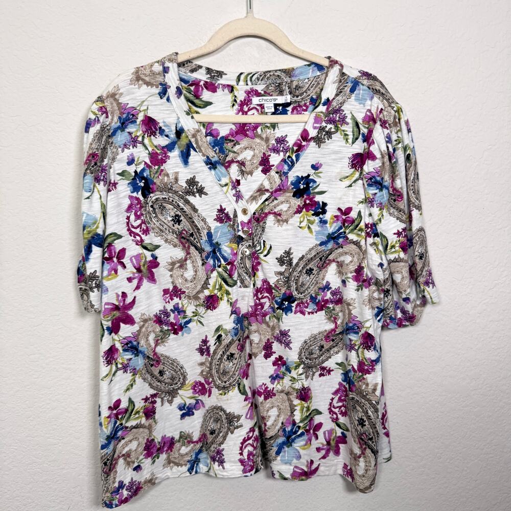 Chico's Womens Top Shirt Size XXL Cotton Blend Paisley Floral Classic Ivory